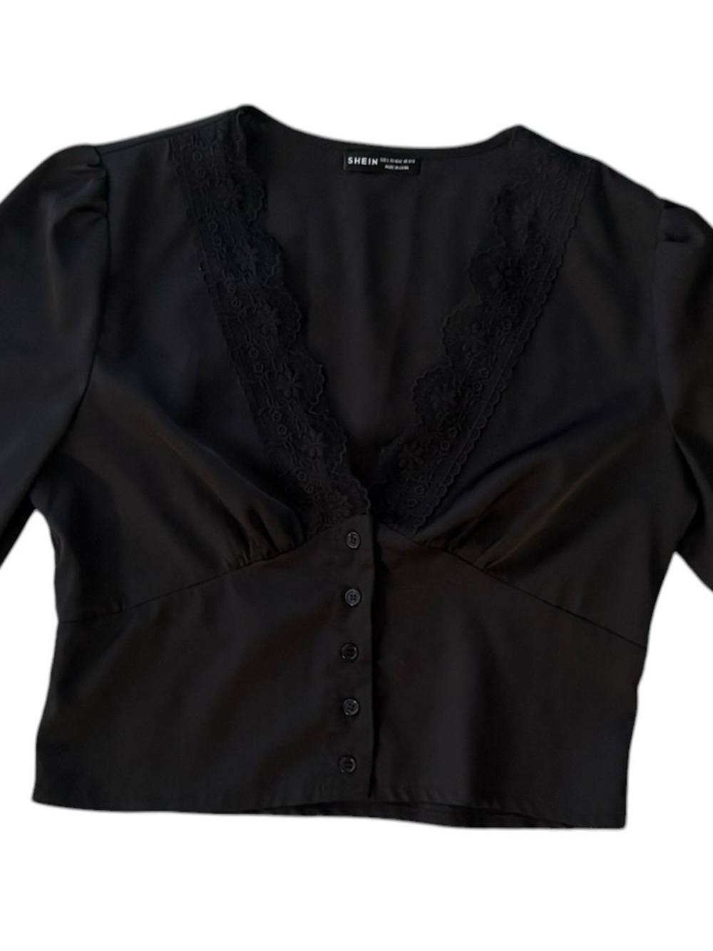 SHEIN Black Lace-Trim Button Crop Blouse - Picture 6 of 6